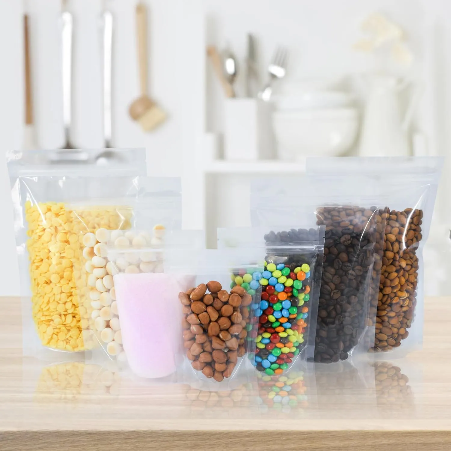 100 PCS Resealable Bags, 5.9 x 8.66 Inch Clear Stand Up Pouch Bags, Zipper Lock Food Storage Bags for Packaging Treat, Candy, Snack, Spices, Herbs and Pet Food