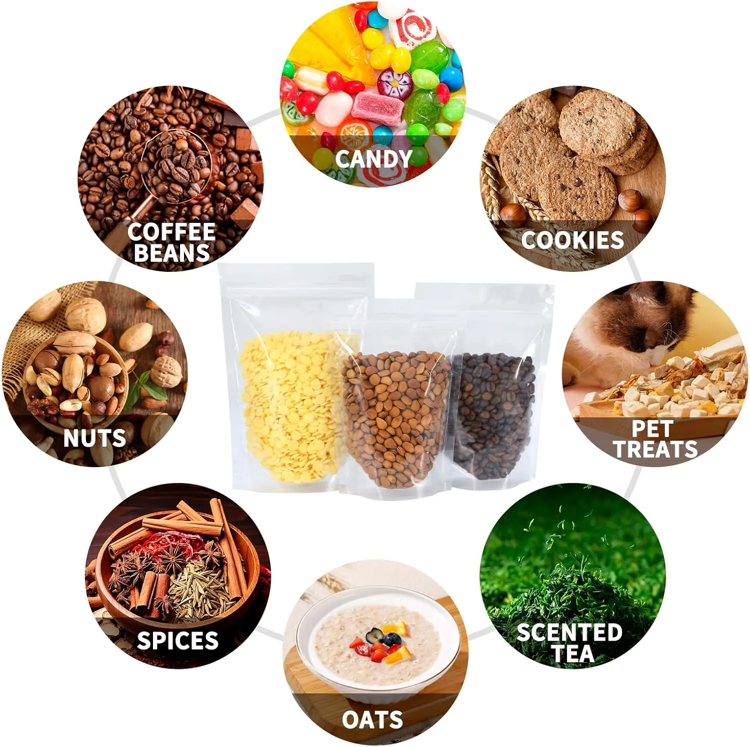 100 PCS Resealable Bags, 5.9 x 8.66 Inch Clear Stand Up Pouch Bags, Zipper Lock Food Storage Bags for Packaging Treat, Candy, Snack, Spices, Herbs and Pet Food