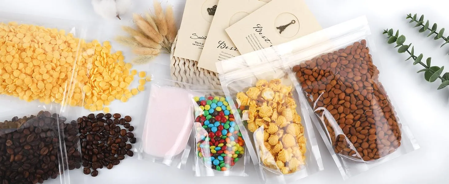 100 PCS Resealable Bags, 5.9 x 8.66 Inch Clear Stand Up Pouch Bags, Zipper Lock Food Storage Bags for Packaging Treat, Candy, Snack, Spices, Herbs and Pet Food