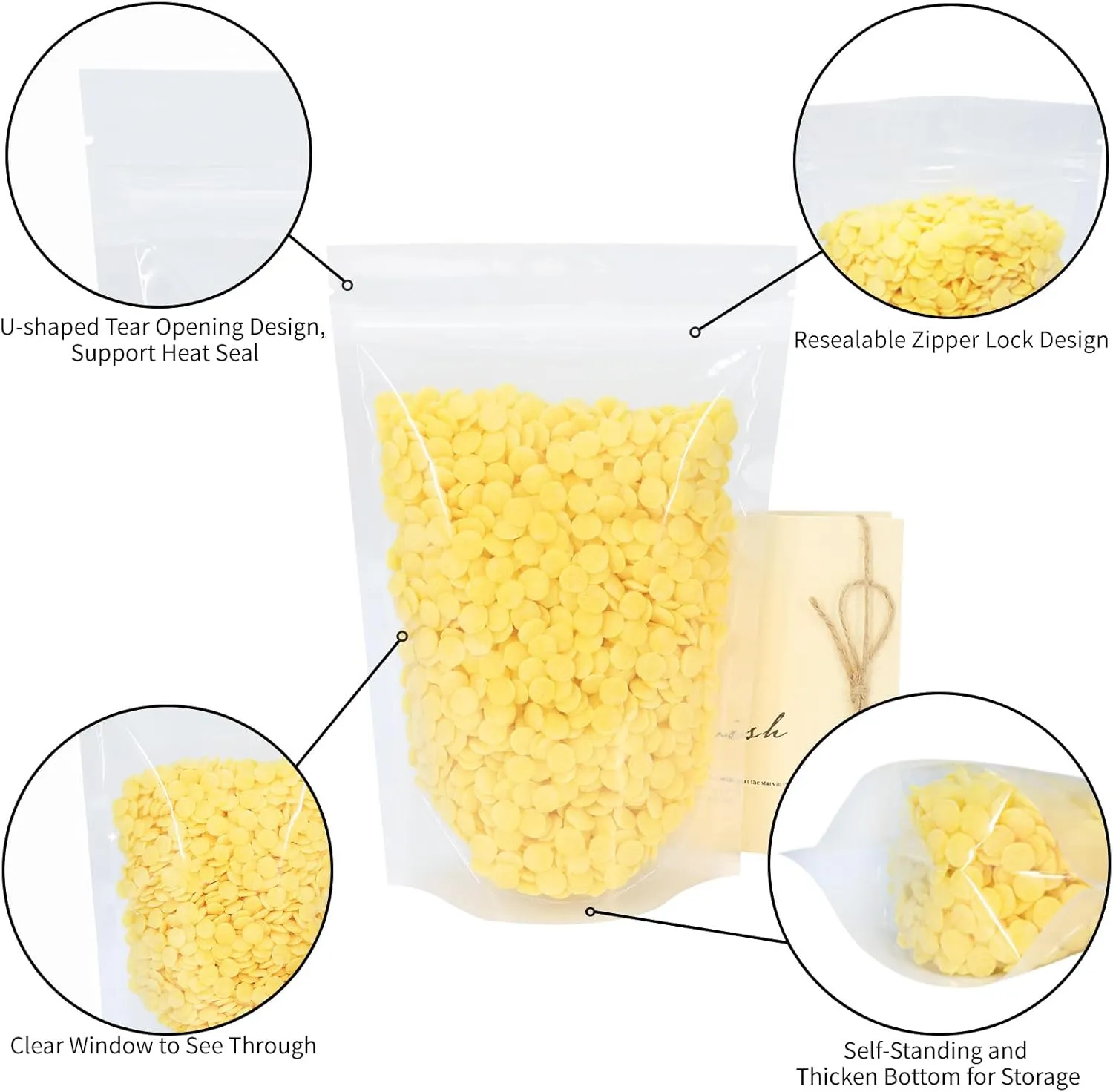 100 PCS Resealable Bags, 5.9 x 8.66 Inch Clear Stand Up Pouch Bags, Zipper Lock Food Storage Bags for Packaging Treat, Candy, Snack, Spices, Herbs and Pet Food
