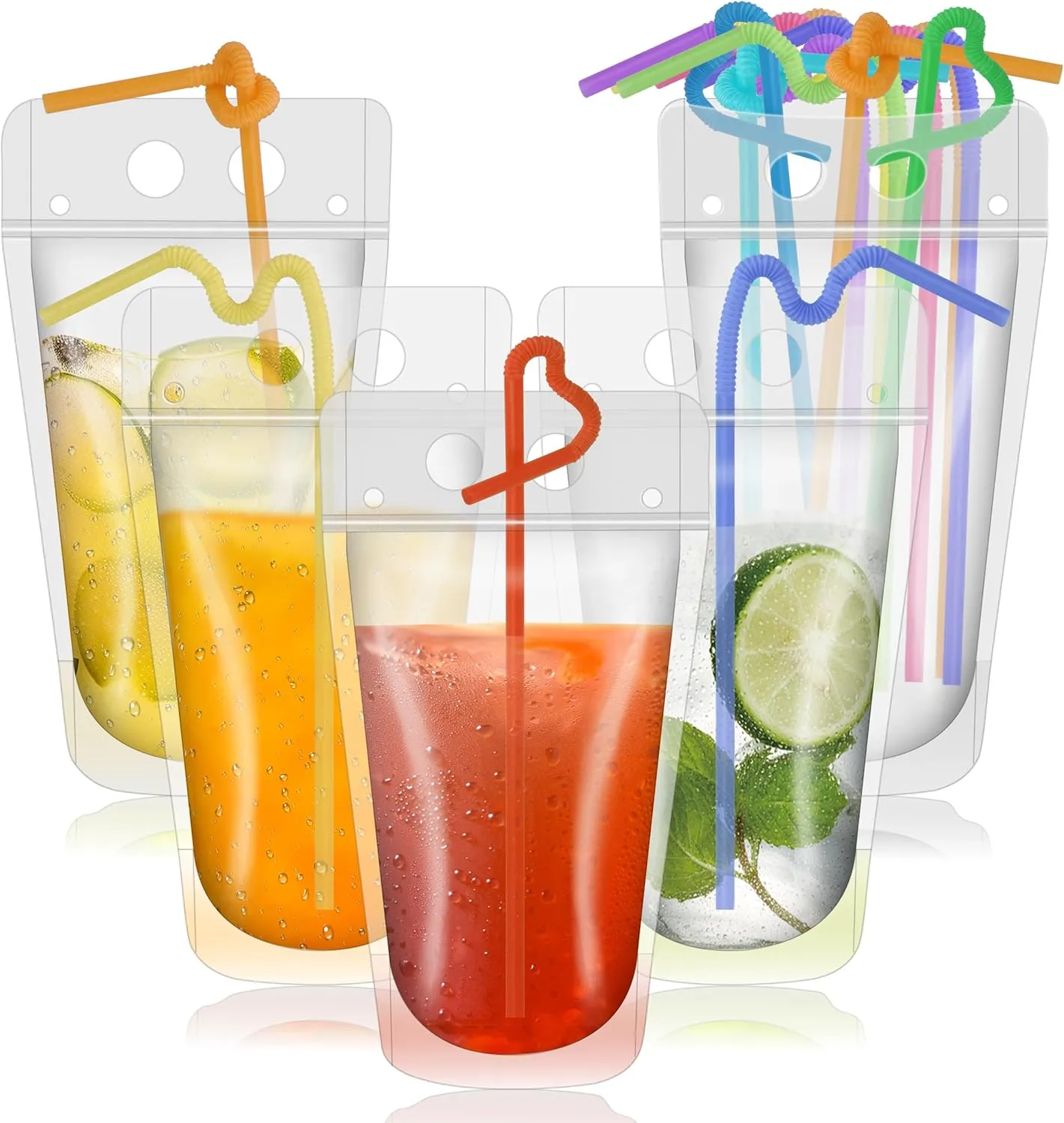 100Pcs Drink Pouches, 16oz Translucent Drink Bags Pouches with 100 Straws for Cold and Hot Drinks for Adults and Kids