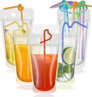100Pcs Drink Pouches, 16oz Translucent Drink Bags Pouches with 100 Straws for Cold and Hot Drinks for Adults and Kids