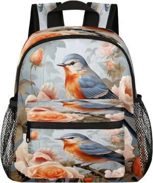 12 Inch Cute Mini Book Bag Small Backpack Multi Compartment Backpack With Chest Strap Robin Bird Waterproof Casual Daypack Travel Bag, Robin Flower