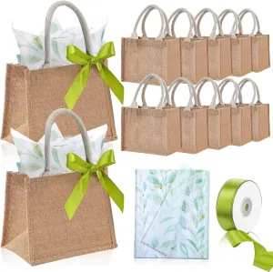 12 Pack Wedding Burlap Tote Bags with Handles Reusable Bachelorette Mini Gifts Bag Bridesmaids Spring Jute Handbags with 50 Tissue Paper and Ribbon, 8.7 x 5.5 x 7 Inch(Eucalyptus,Green)