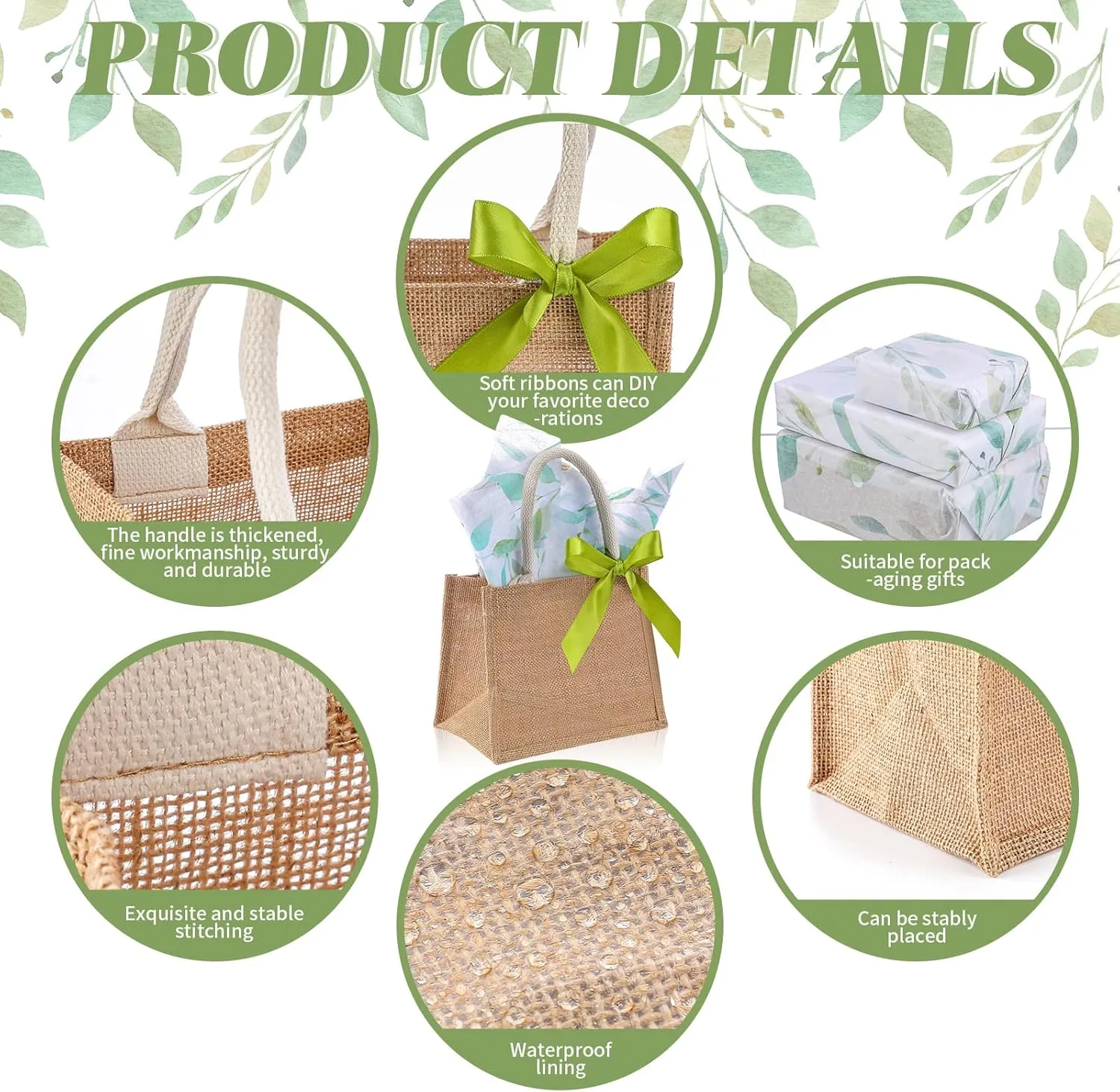 12 Pack Wedding Burlap Tote Bags with Handles Reusable Bachelorette Mini Gifts Bag Bridesmaids Spring Jute Handbags with 50 Tissue Paper and Ribbon, 8.7 x 5.5 x 7 Inch(Eucalyptus,Green)