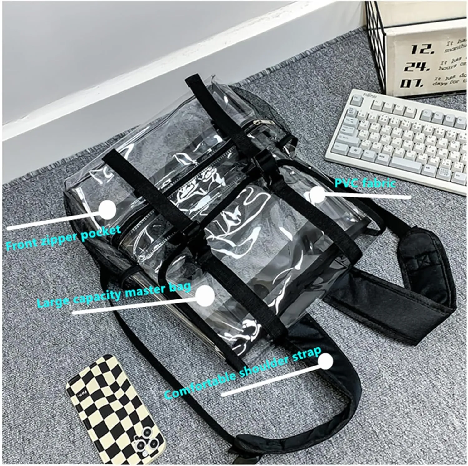 15'' Heavy Duty Clear Backpack,PVC See Through knapsack for Sports, Work, Stadium, Security, Travel, College (Flip black)