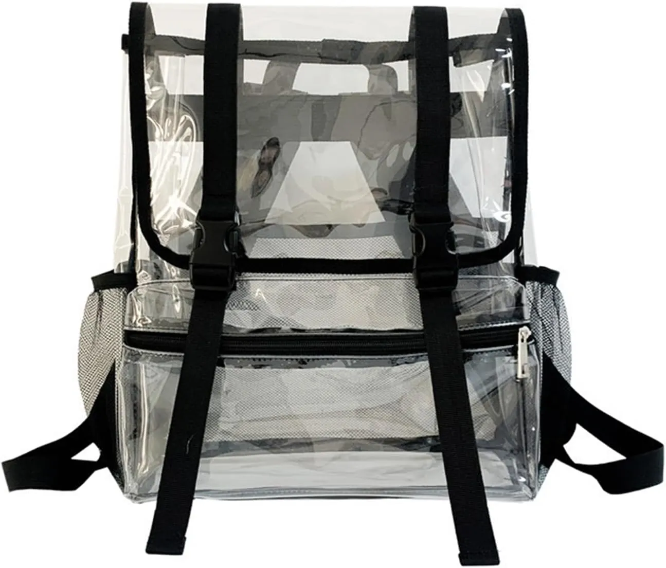 15'' Heavy Duty Clear Backpack,PVC See Through knapsack for Sports, Work, Stadium, Security, Travel, College (Flip black)