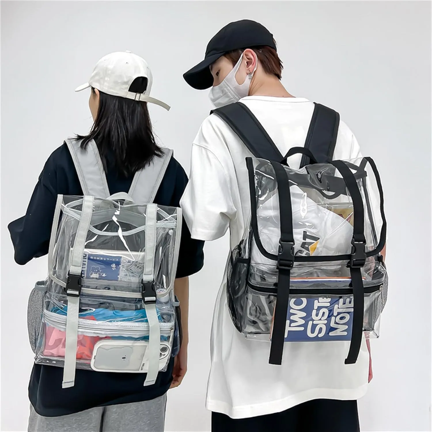 15'' Heavy Duty Clear Backpack,PVC See Through knapsack for Sports, Work, Stadium, Security, Travel, College (Flip black)