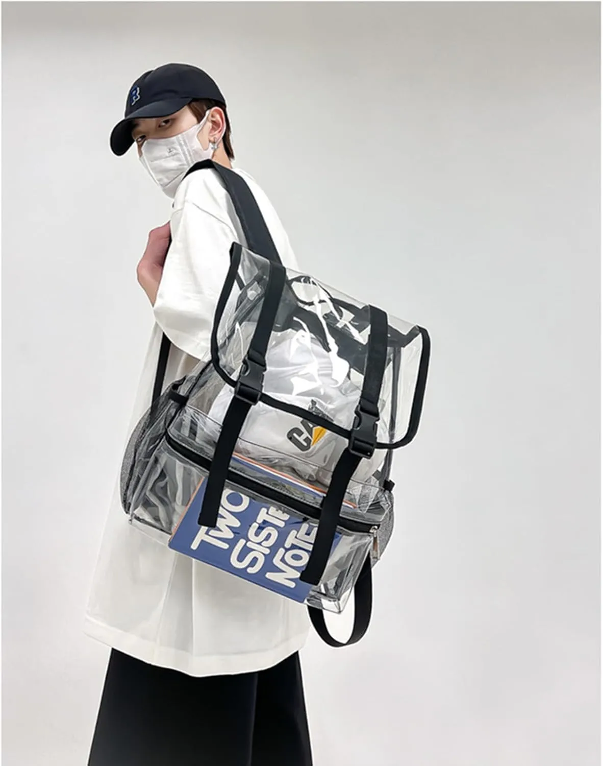 15'' Heavy Duty Clear Backpack,PVC See Through knapsack for Sports, Work, Stadium, Security, Travel, College (Flip black)