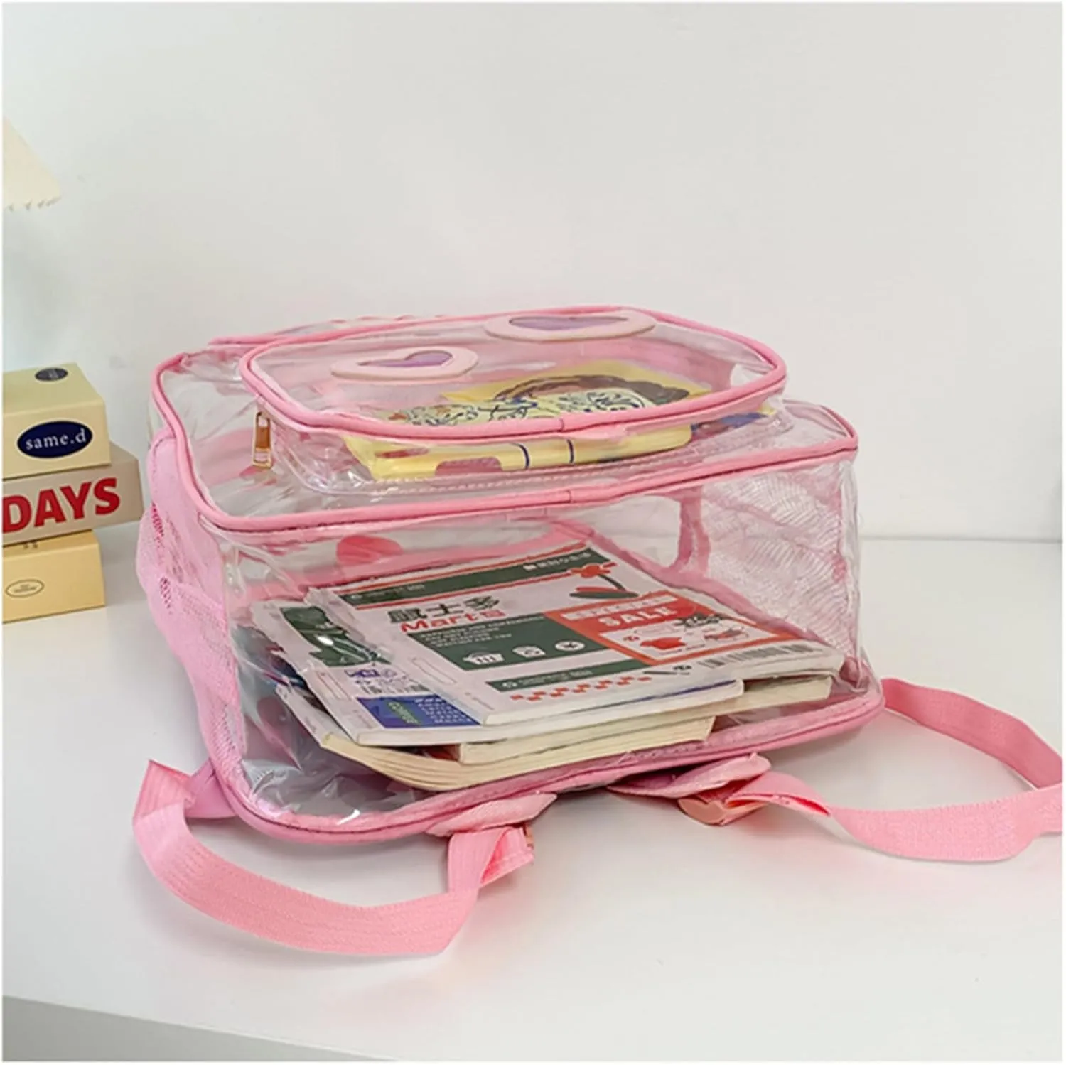 16‘’ Clear Backpack Heavy Duty PVC Transparent schoolbags with Padded Shoulders for travel,Work,College, Stadium (black heart1)