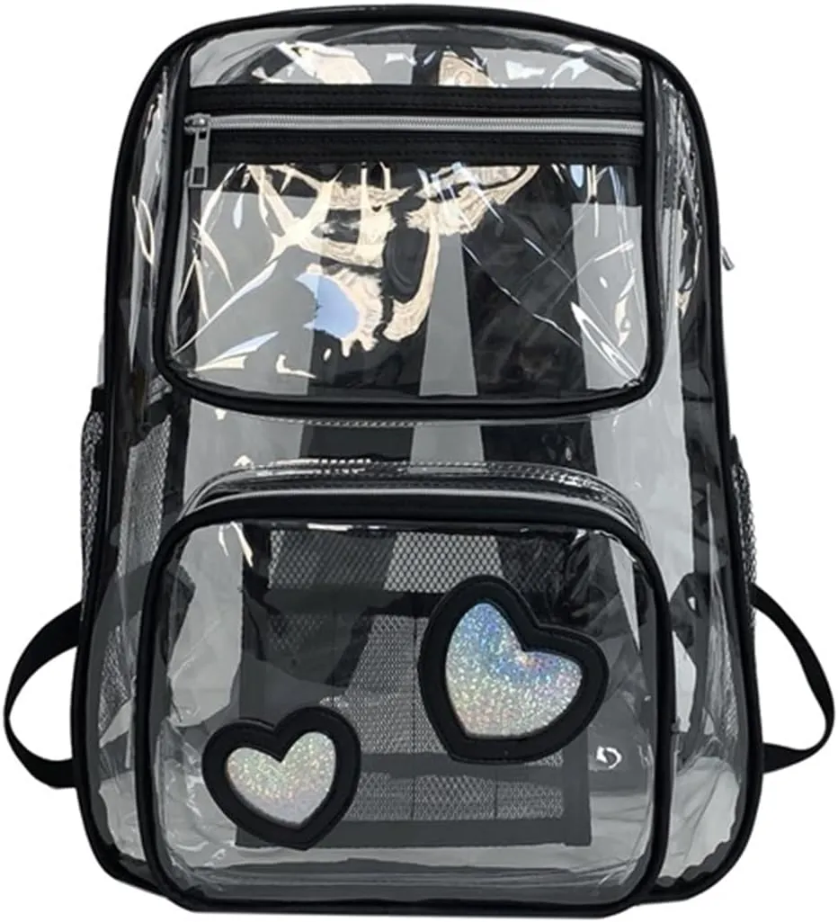 16‘’ Clear Backpack Heavy Duty PVC Transparent schoolbags with Padded Shoulders for travel,Work,College, Stadium (black heart1)