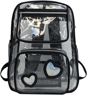 16‘’ Clear Backpack Heavy Duty PVC Transparent schoolbags with Padded Shoulders for travel,Work,College, Stadium (black heart1)