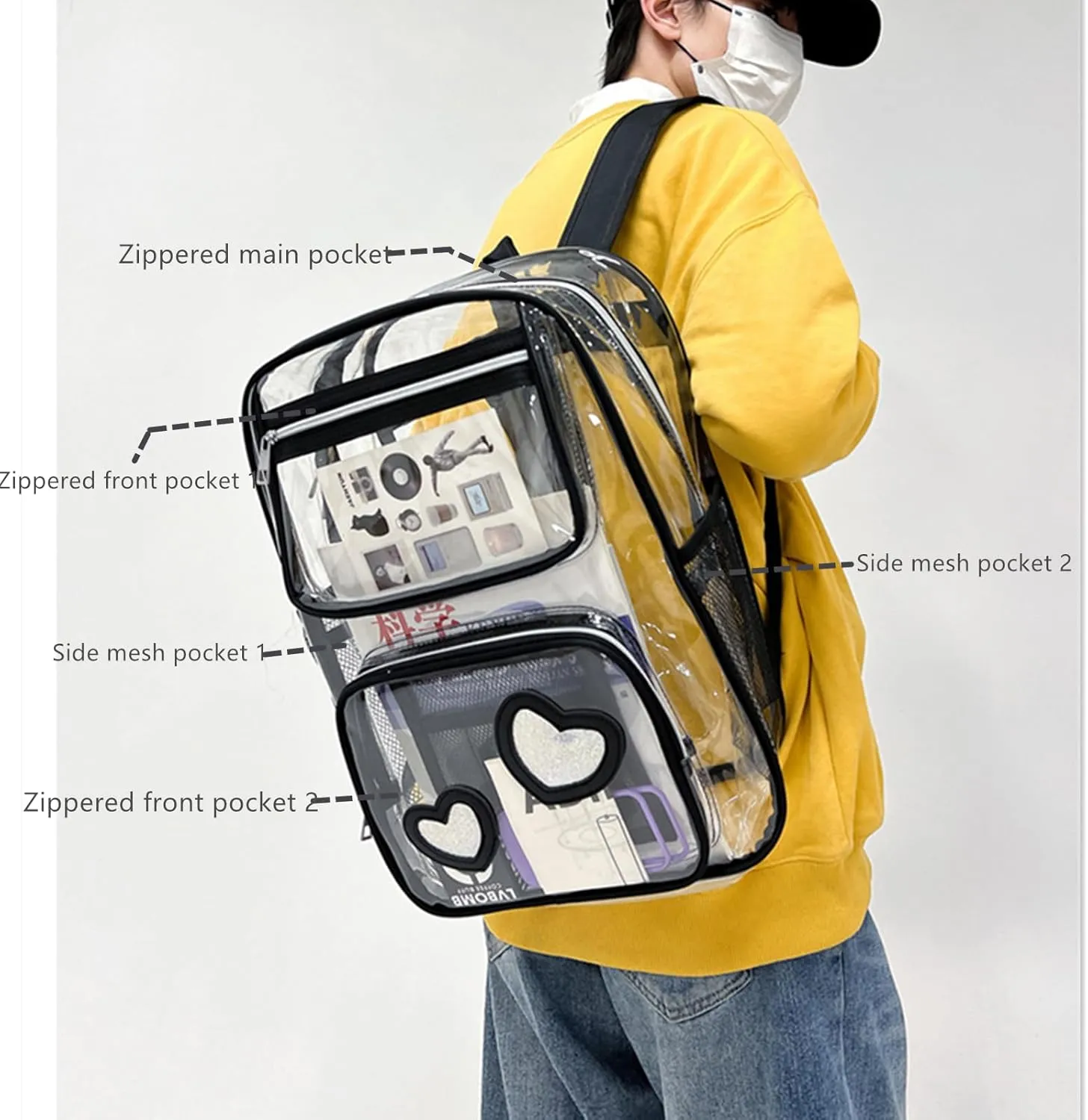 16‘’ Clear Backpack Heavy Duty PVC Transparent schoolbags with Padded Shoulders for travel,Work,College, Stadium (black heart1)