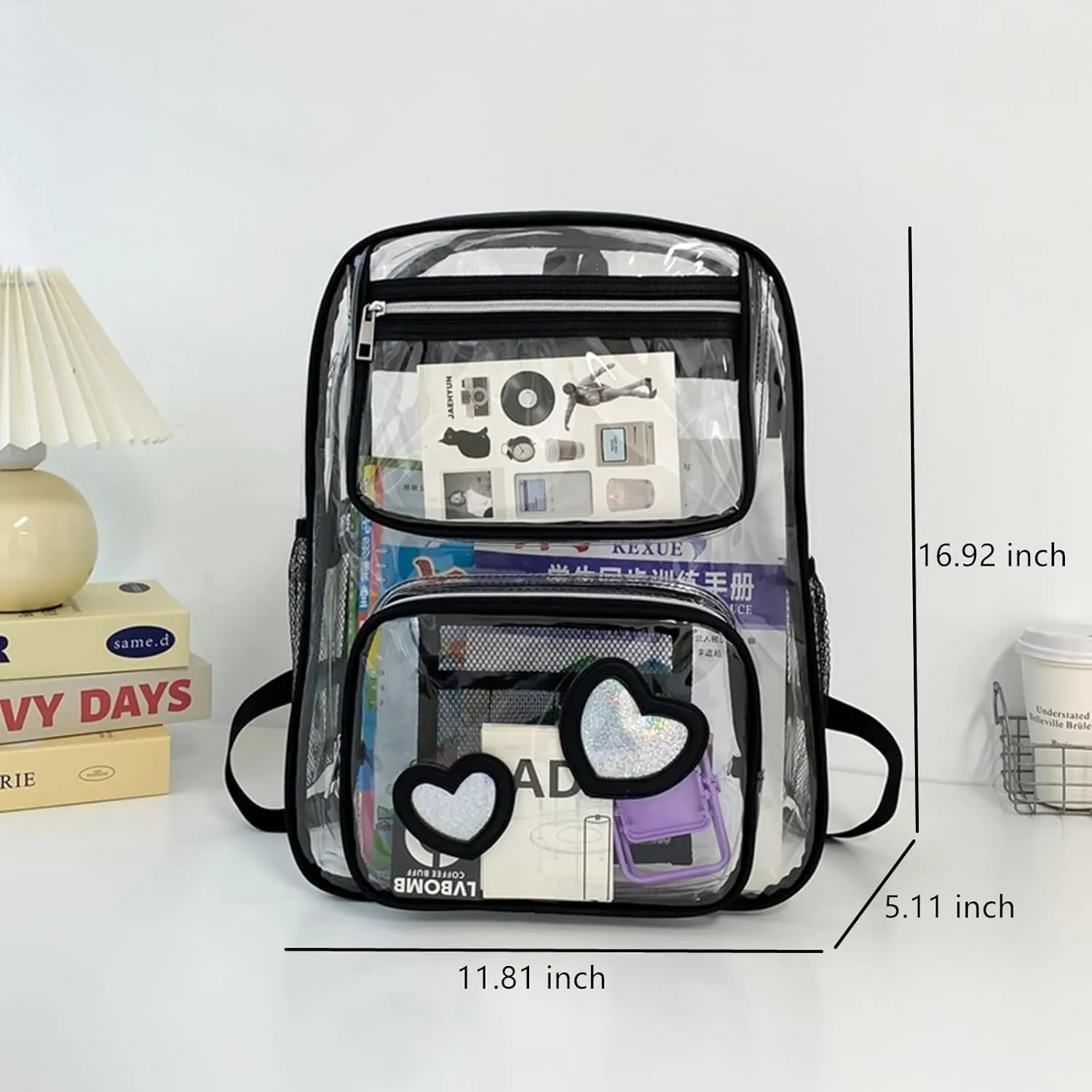 16‘’ Clear Backpack Heavy Duty PVC Transparent schoolbags with Padded Shoulders for travel,Work,College, Stadium (black heart1)