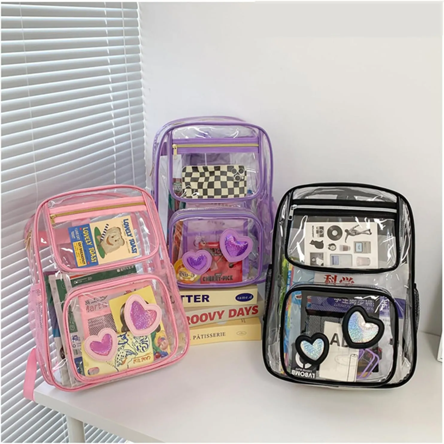 16‘’ Clear Backpack Heavy Duty PVC Transparent schoolbags with Padded Shoulders for travel,Work,College, Stadium (black heart1)
