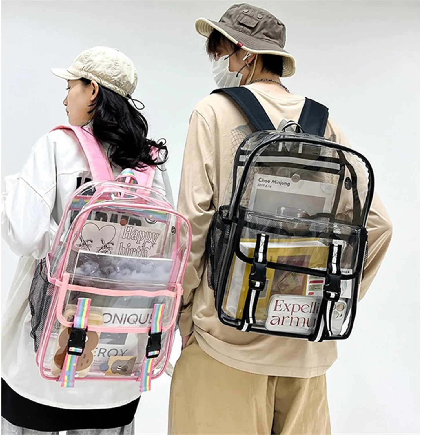16'' Heavy Duty Clear Backpack,PVC See Through shool bag for Sports, Work, Stadium, Security, Travel, College (BLACK)
