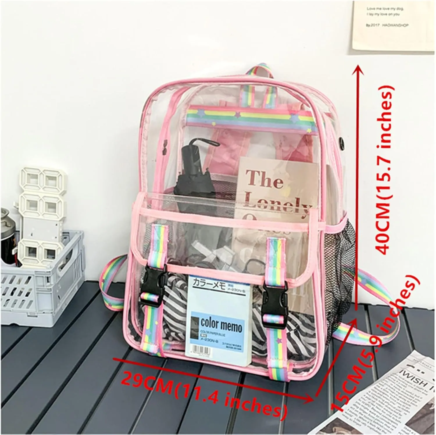 16'' Heavy Duty Clear Backpack,PVC See Through shool bag for Sports, Work, Stadium, Security, Travel, College (BLACK)