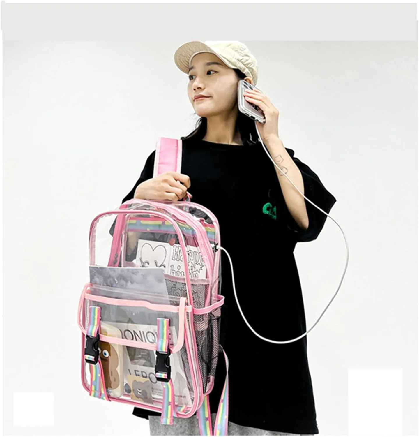 16'' Heavy Duty Clear Backpack,PVC See Through shool bag for Sports, Work, Stadium, Security, Travel, College (BLACK)