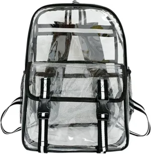 16'' Heavy Duty Clear Backpack,PVC See Through shool bag for Sports, Work, Stadium, Security, Travel, College (BLACK)