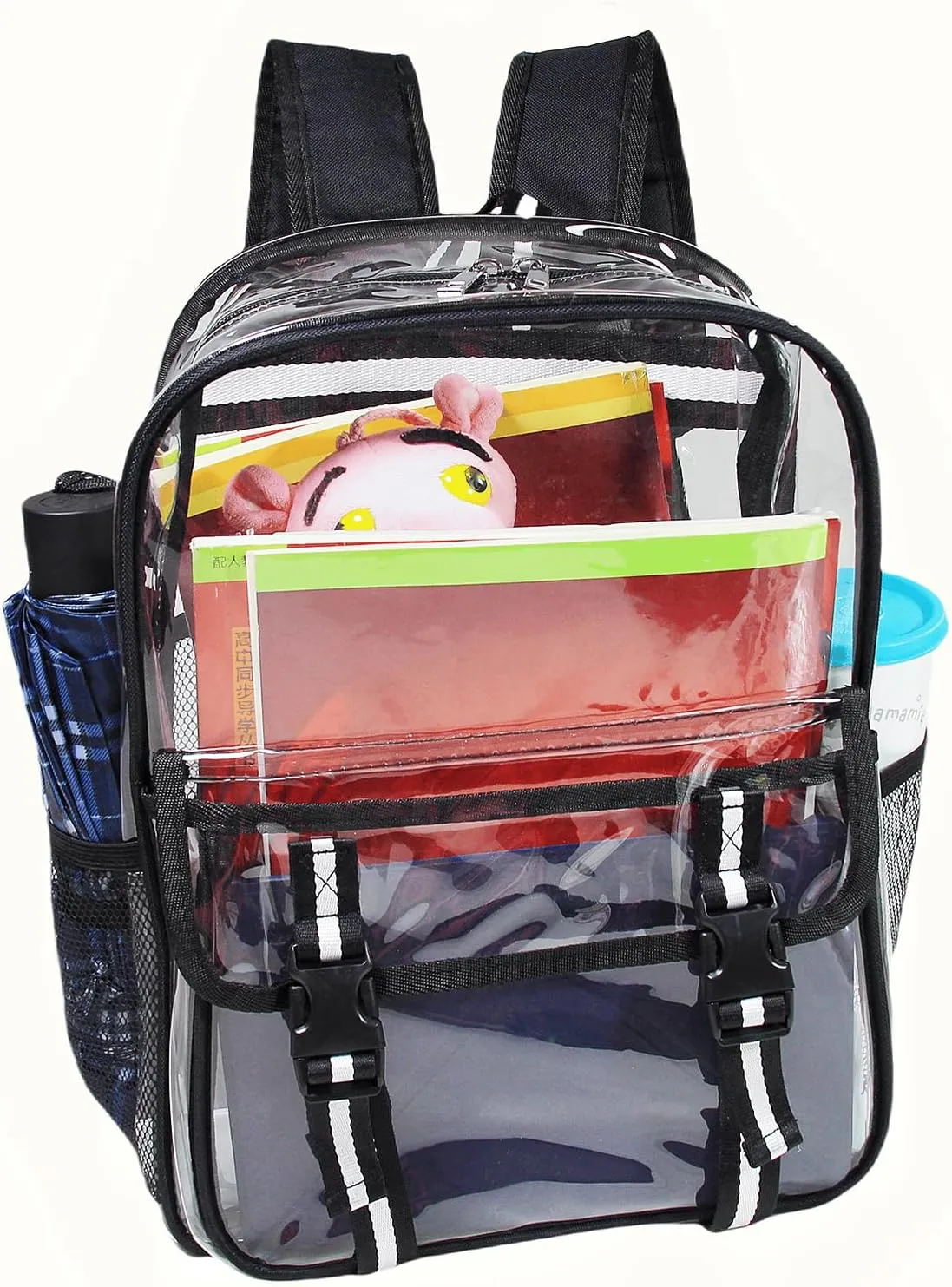 16'' Heavy Duty Clear Backpack,PVC See Through shool bag for Sports, Work, Stadium, Security, Travel, College (BLACK)
