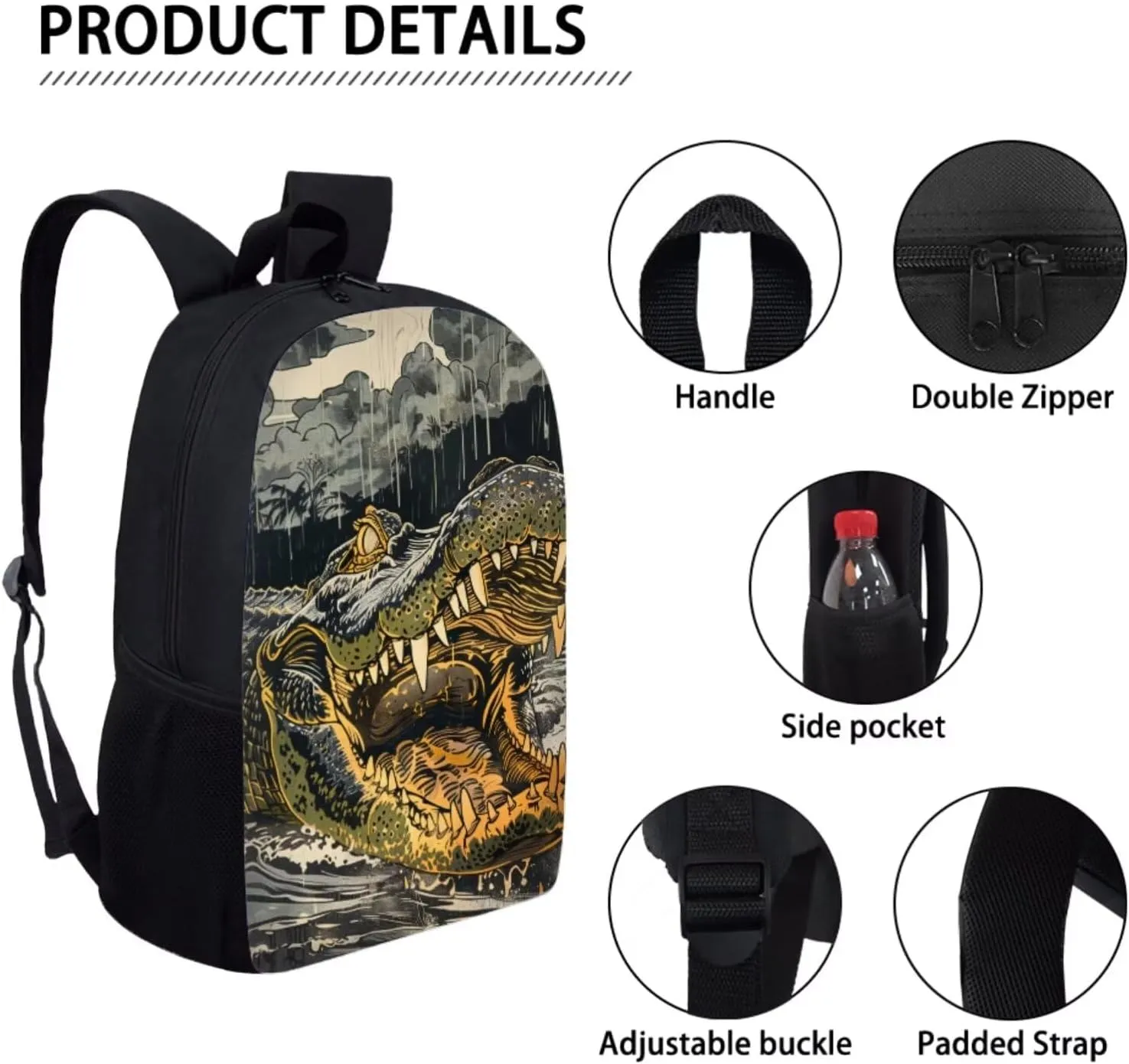 17 Inch Animal Print School Backpack And Lunch Box Set for Kids Lightweight Angry Alligator Backpack for Boys Girls Sturdy School Bag with Insulated Lunchbox Pencil Case Student Bookbag