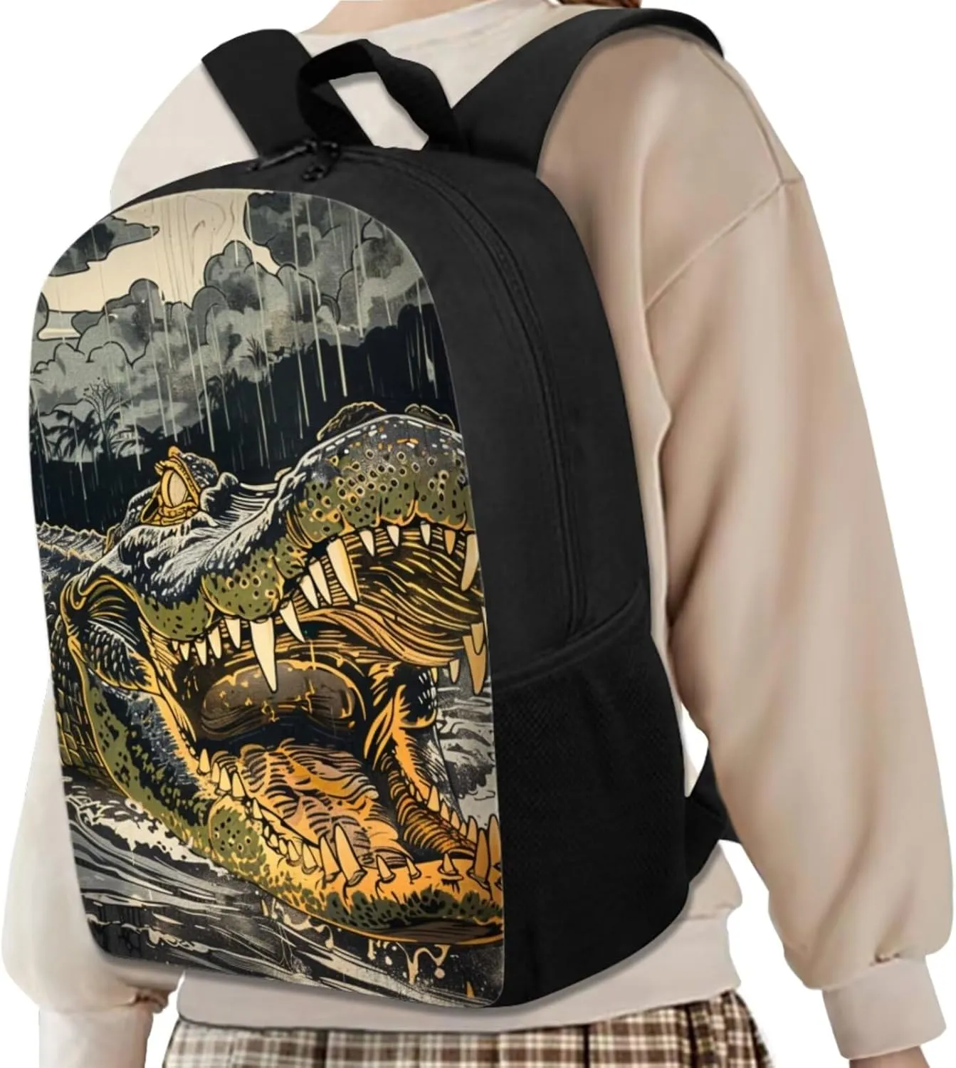 17 Inch Animal Print School Backpack And Lunch Box Set for Kids Lightweight Angry Alligator Backpack for Boys Girls Sturdy School Bag with Insulated Lunchbox Pencil Case Student Bookbag