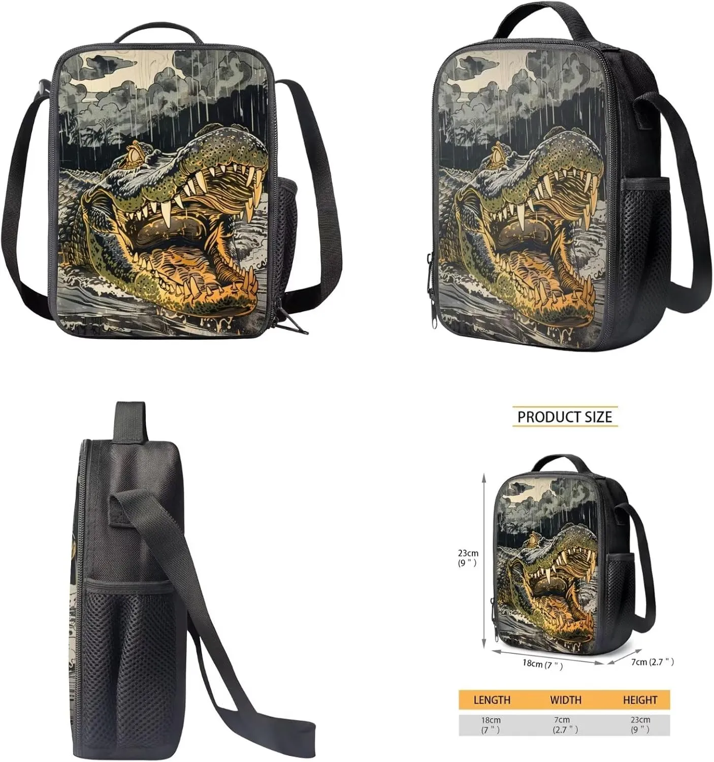 17 Inch Animal Print School Backpack And Lunch Box Set for Kids Lightweight Angry Alligator Backpack for Boys Girls Sturdy School Bag with Insulated Lunchbox Pencil Case Student Bookbag