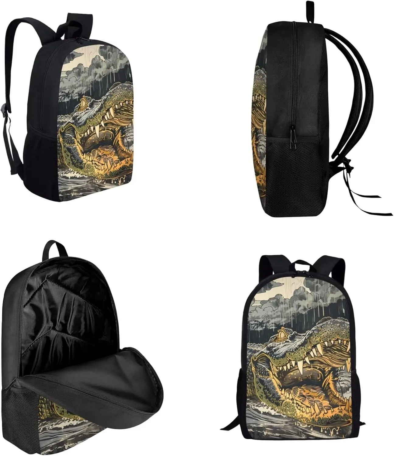 17 Inch Animal Print School Backpack And Lunch Box Set for Kids Lightweight Angry Alligator Backpack for Boys Girls Sturdy School Bag with Insulated Lunchbox Pencil Case Student Bookbag
