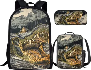 17 Inch Animal Print School Backpack And Lunch Box Set for Kids Lightweight Angry Alligator Backpack for Boys Girls Sturdy School Bag with Insulated Lunchbox Pencil Case Student Bookbag