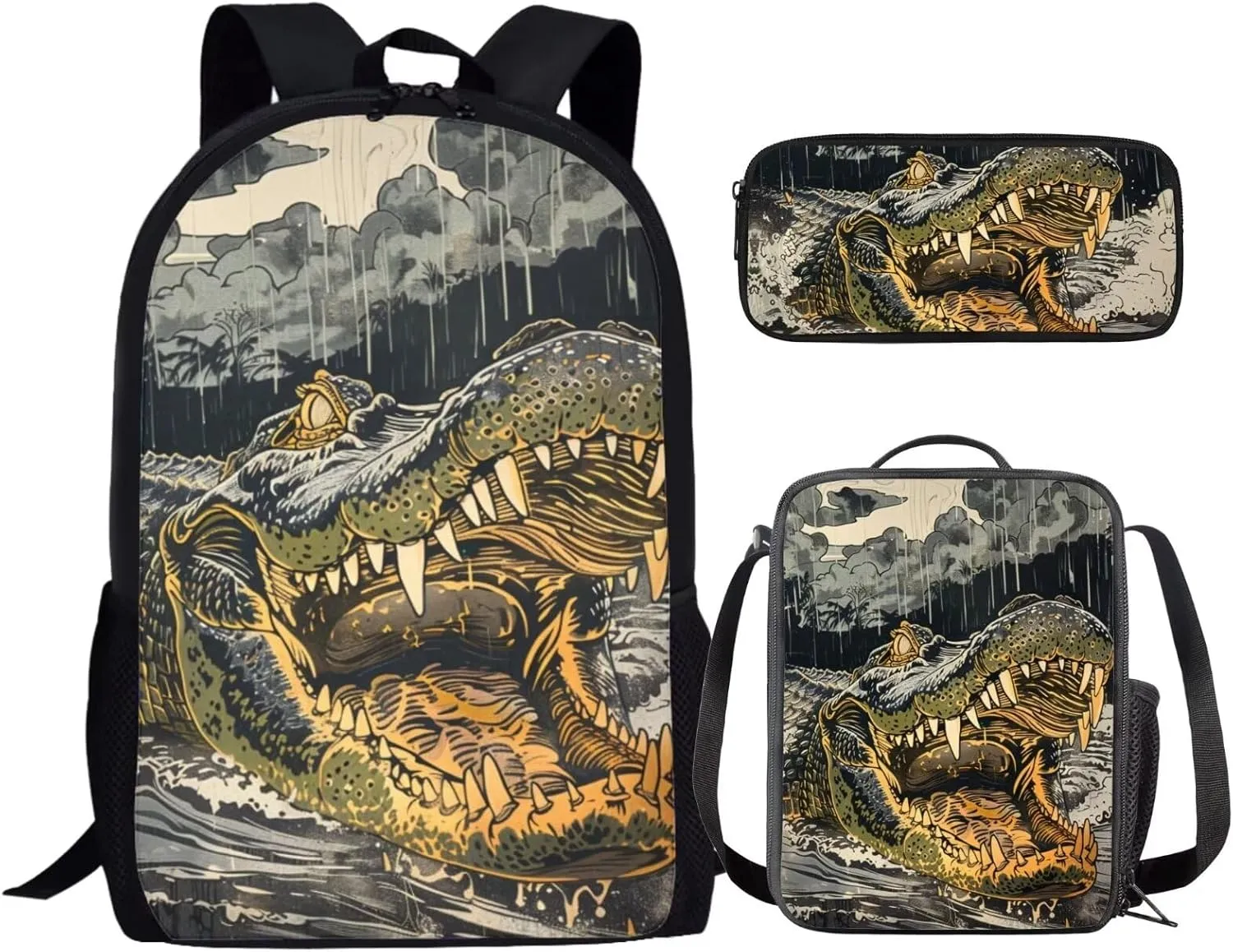 17 Inch Animal Print School Backpack And Lunch Box Set for Kids Lightweight Angry Alligator Backpack for Boys Girls Sturdy School Bag with Insulated Lunchbox Pencil Case Student Bookbag