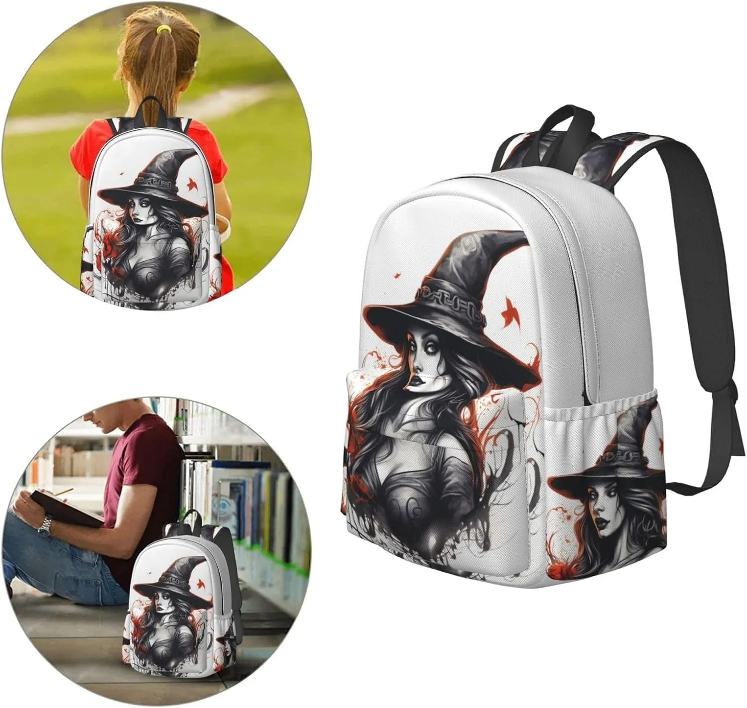 17 inch Backpack Vintage Big Hat Witch Laptop Backpack School Bookbag Shoulder Bag Casual Daypack