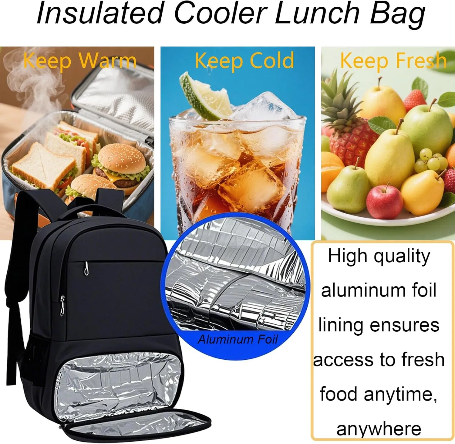 17 Inch Laptop Backpack Large Capacity with Cooler Compartment for Travel Camp Work Business Shoulders Bag with USB Charging Hole And Headphones Hole Waterproof and Durable Black
