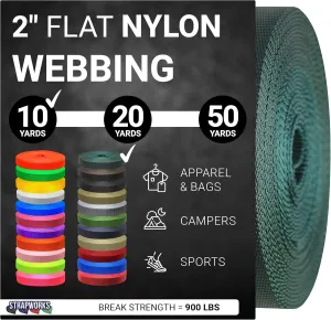 2 Inch Heavy Duty Nylon Webbing Strap Roll for Belt, Backpack, Sling, Collar, Leash, Strapping and More, 10, 20, or 50 Yards, Over 20 Colors