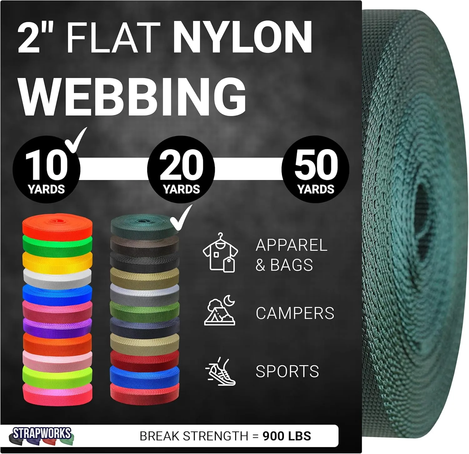 2 Inch Heavy Duty Nylon Webbing Strap Roll for Belt, Backpack, Sling, Collar, Leash, Strapping and More, 10, 20, or 50 Yards, Over 20 Colors
