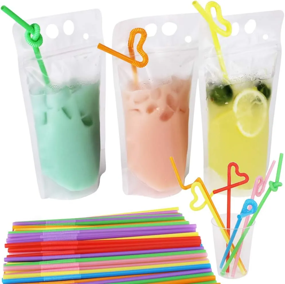 200 Pack 9.1 x 5.2 Inch/17 Ounce 8mil Clear Drink Pouches with Heavy Duty Hand-held Translucent Reclosable Zipper Stand-up Plastic Pouches Bags Drinking Bag 2.4 Inch Bottom Gusset with Straws