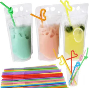 200 Pack 9.1 x 5.2 Inch/17 Ounce 8mil Clear Drink Pouches with Heavy Duty Hand-held Translucent Reclosable Zipper Stand-up Plastic Pouches Bags Drinking Bag 2.4 Inch Bottom Gusset with Straws