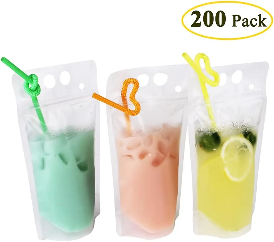 200 Pack 9.1 x 5.2 Inch/17 Ounce 8mil Clear Drink Pouches with Heavy Duty Hand-held Translucent Reclosable Zipper Stand-up Plastic Pouches Bags Drinking Bag 2.4 Inch Bottom Gusset with Straws