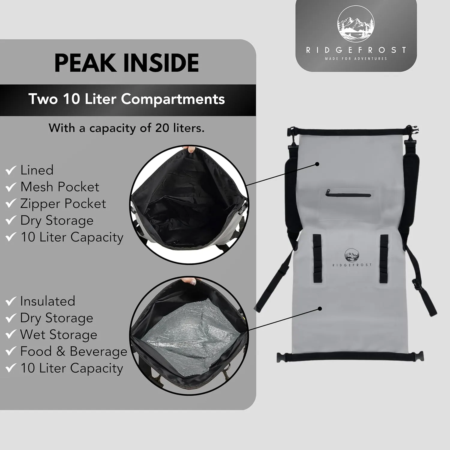 20L Dry Bag - Roll Top & Roll Bottom Lightweight Waterproof Backpack w/ 2 Compartments - Kayak Accessories w/Cooler for Food & Drinks - Waterproof Boat Bag for Outdoors - Grey Dry Backpack