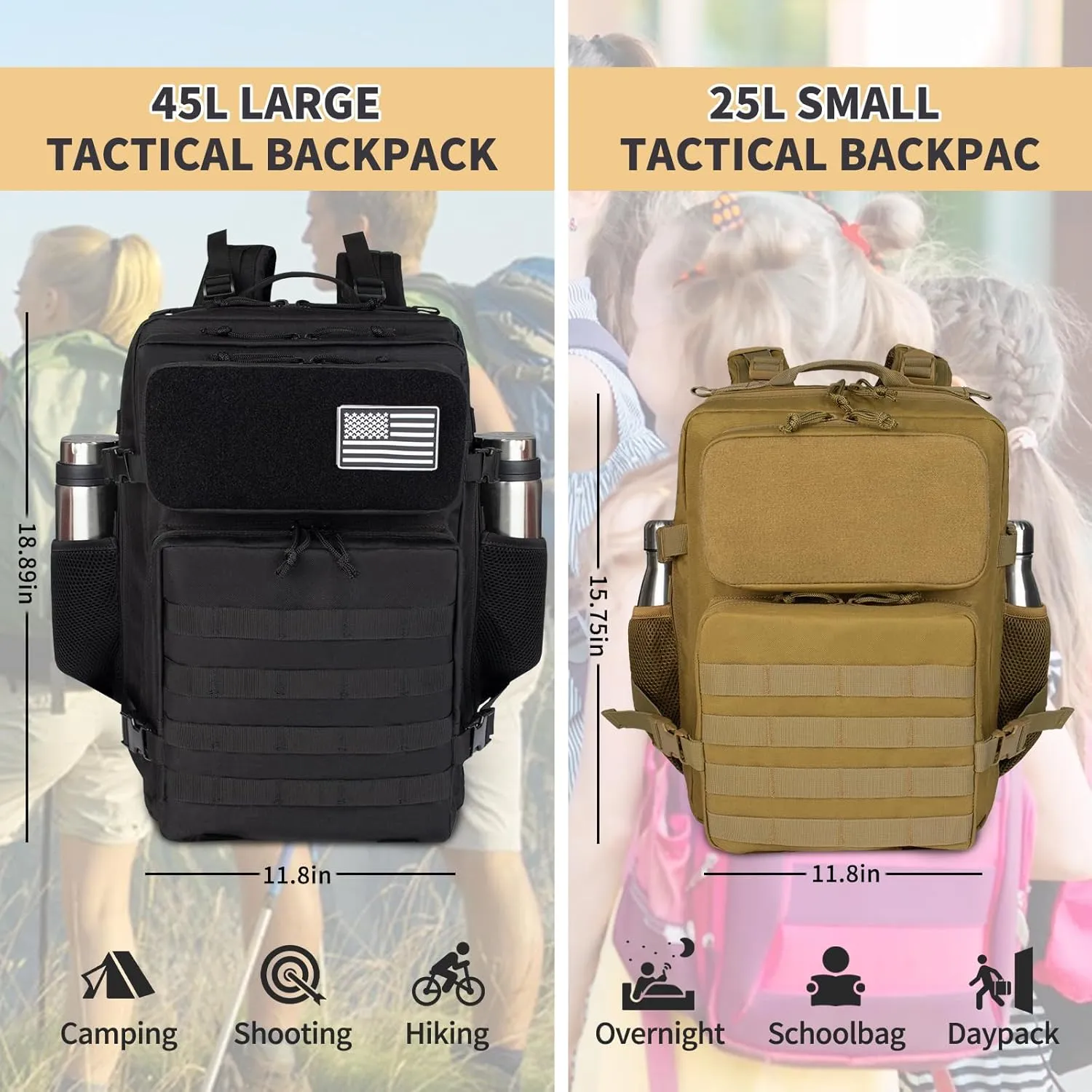 25L Small Military Tactical Backpack For Men Woman Molle Army Pack Survival Bug Out Bag Hiking Rucksack Gym Backpacks With Bottle Holder Outdoor Camping Work Daypack Khaki