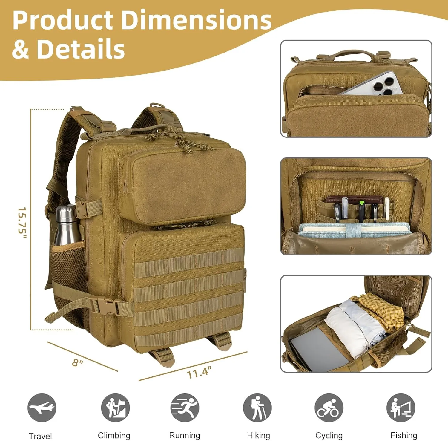 25L Small Military Tactical Backpack For Men Woman Molle Army Pack Survival Bug Out Bag Hiking Rucksack Gym Backpacks With Bottle Holder Outdoor Camping Work Daypack Khaki