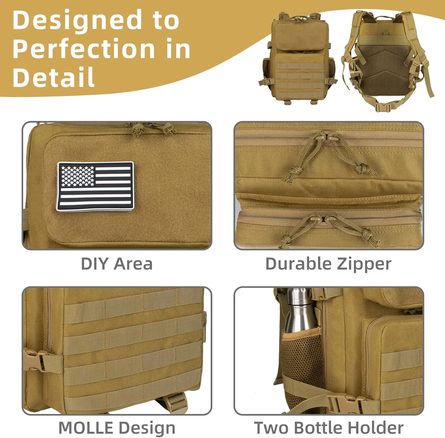 25L Small Military Tactical Backpack For Men Woman Molle Army Pack Survival Bug Out Bag Hiking Rucksack Gym Backpacks With Bottle Holder Outdoor Camping Work Daypack Khaki