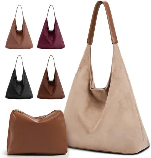 2PCS Suede Bag and Leather Purse Hobo Bags for Women Shoulder Bag Slouchy Bag Suede Tote Bag for Women Vegan