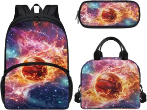 3 In 1 School Bag Set for Boys Basketball Fire Backpack Satchel with Lunch Bag Pencil Case Set Elementary School Bookbag Shoulder Bags Rucksack