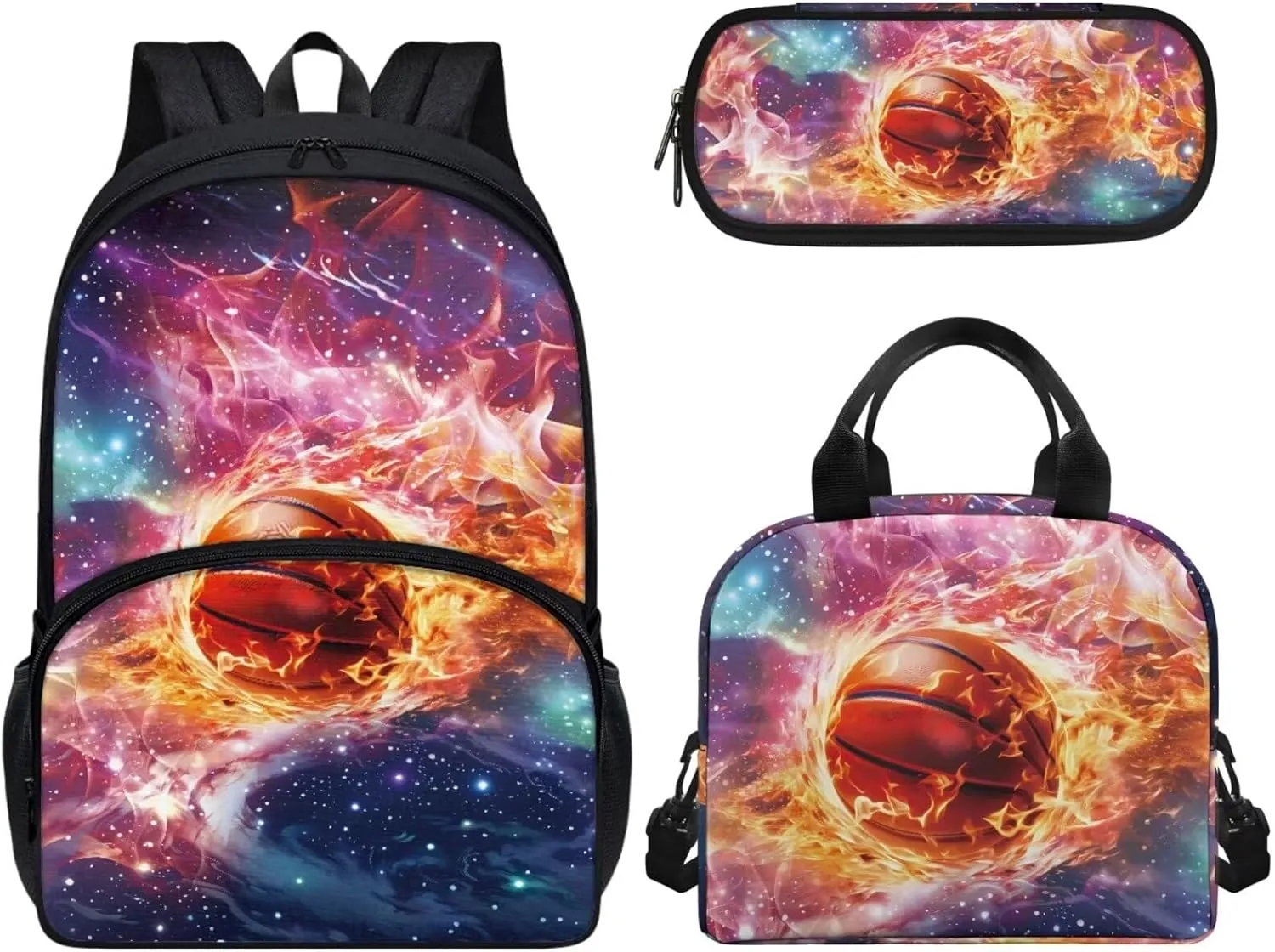 3 In 1 School Bag Set for Boys Basketball Fire Backpack Satchel with Lunch Bag Pencil Case Set Elementary School Bookbag Shoulder Bags Rucksack