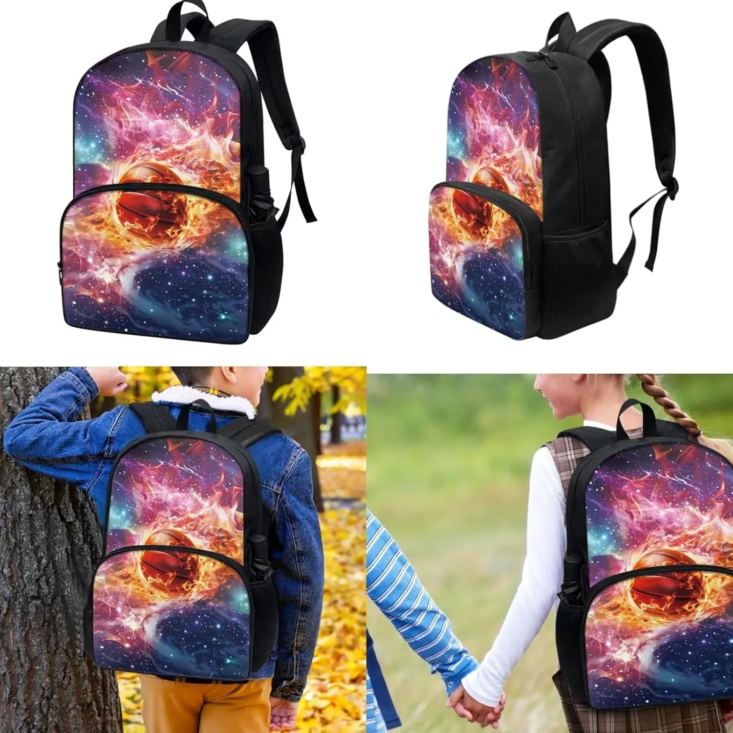 3 In 1 School Bag Set for Boys Basketball Fire Backpack Satchel with Lunch Bag Pencil Case Set Elementary School Bookbag Shoulder Bags Rucksack
