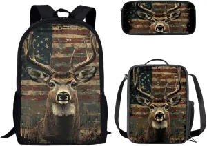 3 Piece American Flag Reindeer Print Boys Backpack for School Backpack for High School Boys Backpack Bookbag Schoolbag Insulated Lunch Box Pencil Case Purse