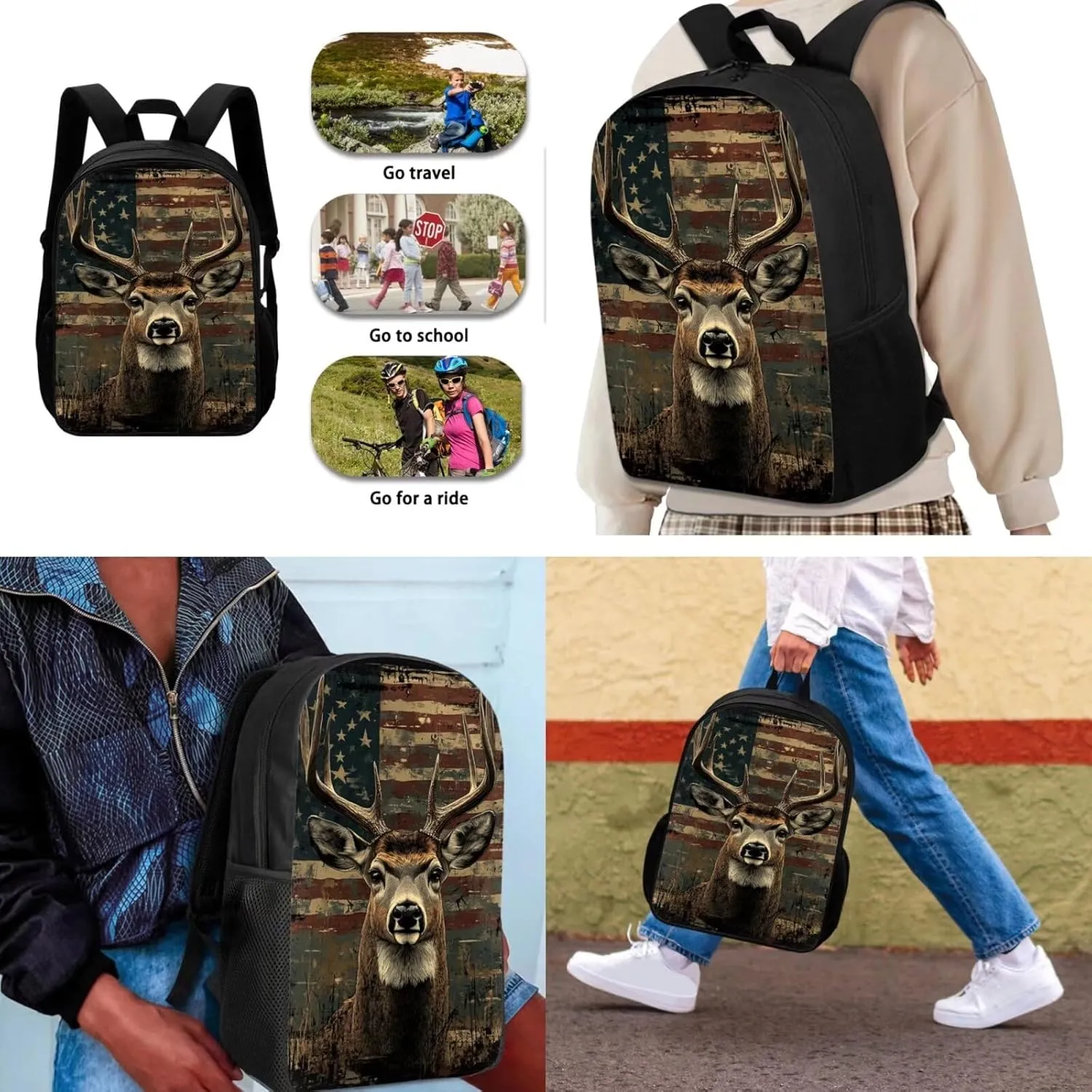 3 Piece American Flag Reindeer Print Boys Backpack for School Backpack for High School Boys Backpack Bookbag Schoolbag Insulated Lunch Box Pencil Case Purse