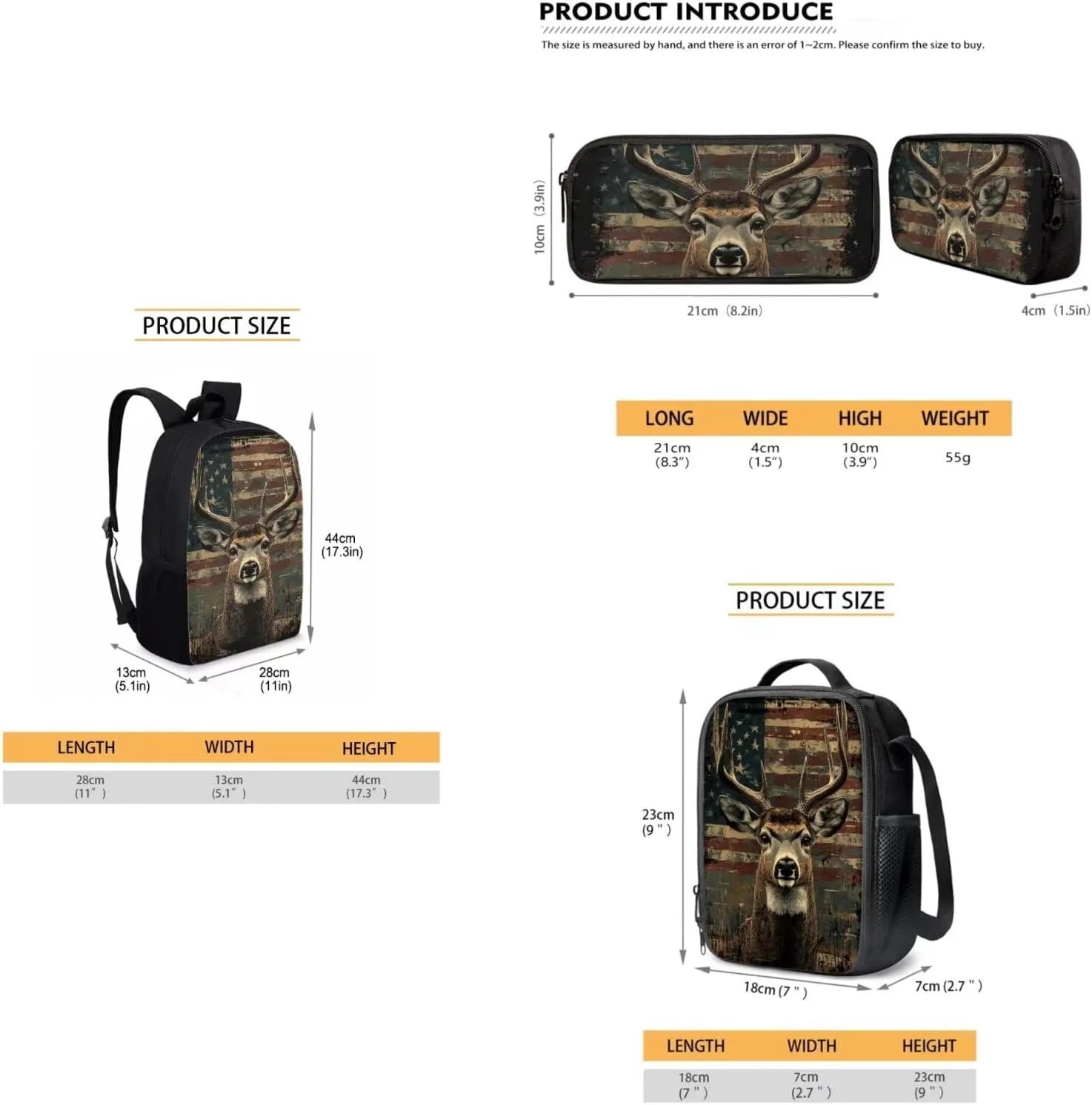 3 Piece American Flag Reindeer Print Boys Backpack for School Backpack for High School Boys Backpack Bookbag Schoolbag Insulated Lunch Box Pencil Case Purse