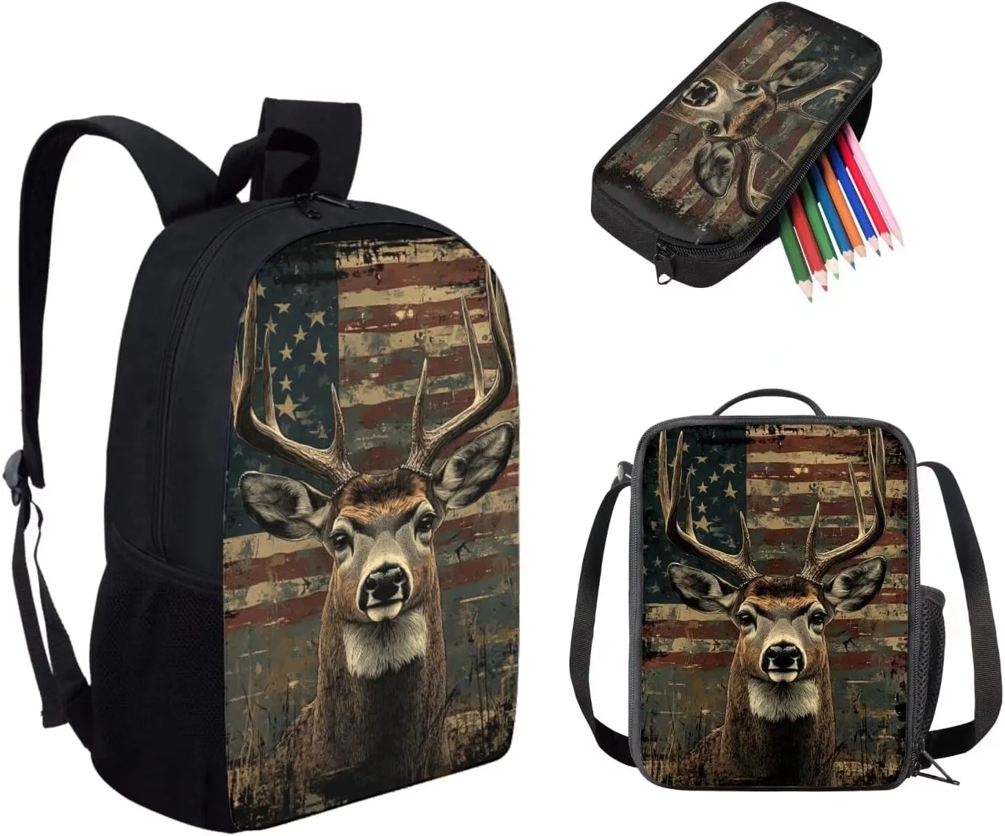 3 Piece American Flag Reindeer Print Boys Backpack for School Backpack for High School Boys Backpack Bookbag Schoolbag Insulated Lunch Box Pencil Case Purse
