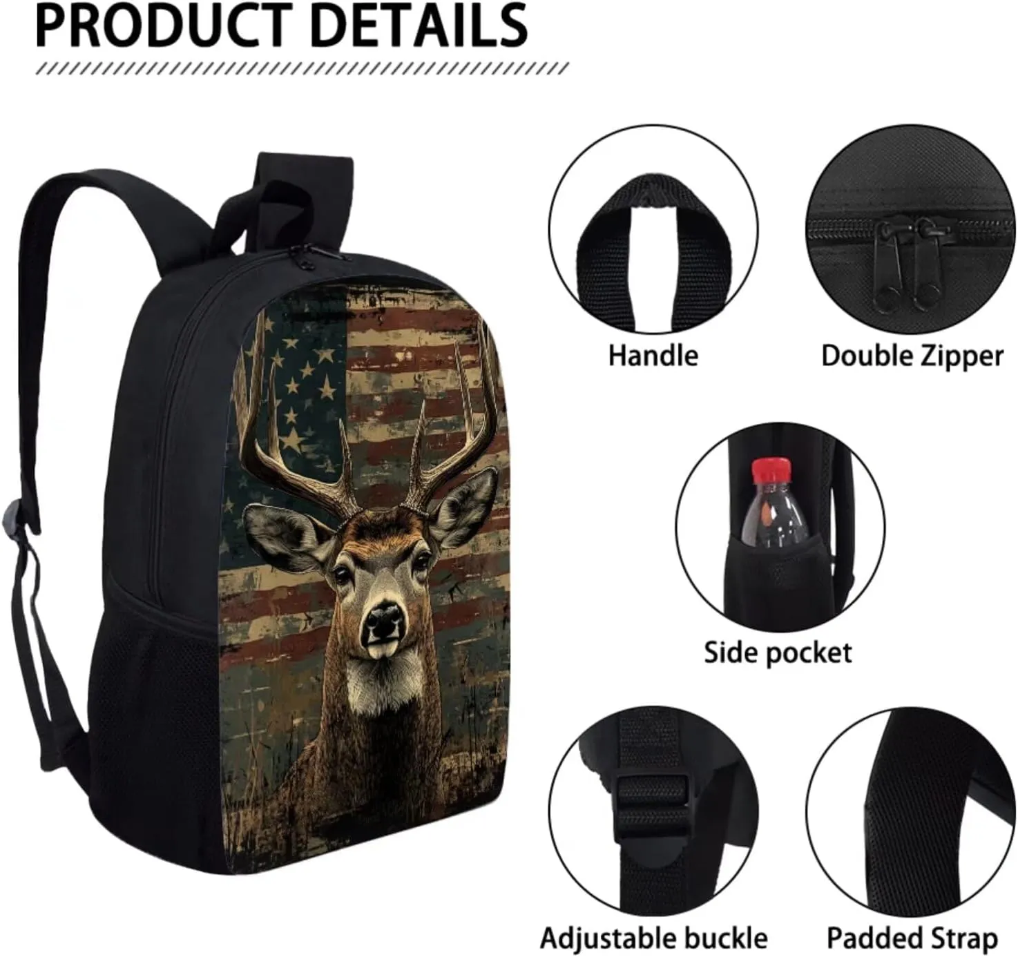 3 Piece American Flag Reindeer Print Boys Backpack for School Backpack for High School Boys Backpack Bookbag Schoolbag Insulated Lunch Box Pencil Case Purse